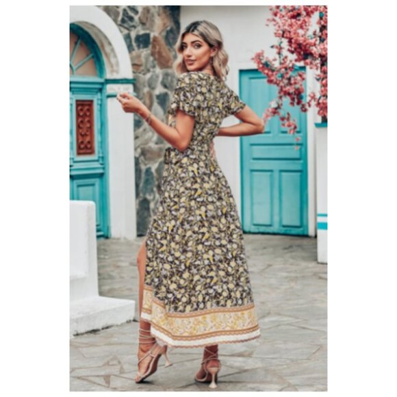 PRETTYGARDEN Women Boho Summer Side Split Deep V Neck Short Sleeves Maxi Dress - Picture 2 of 9